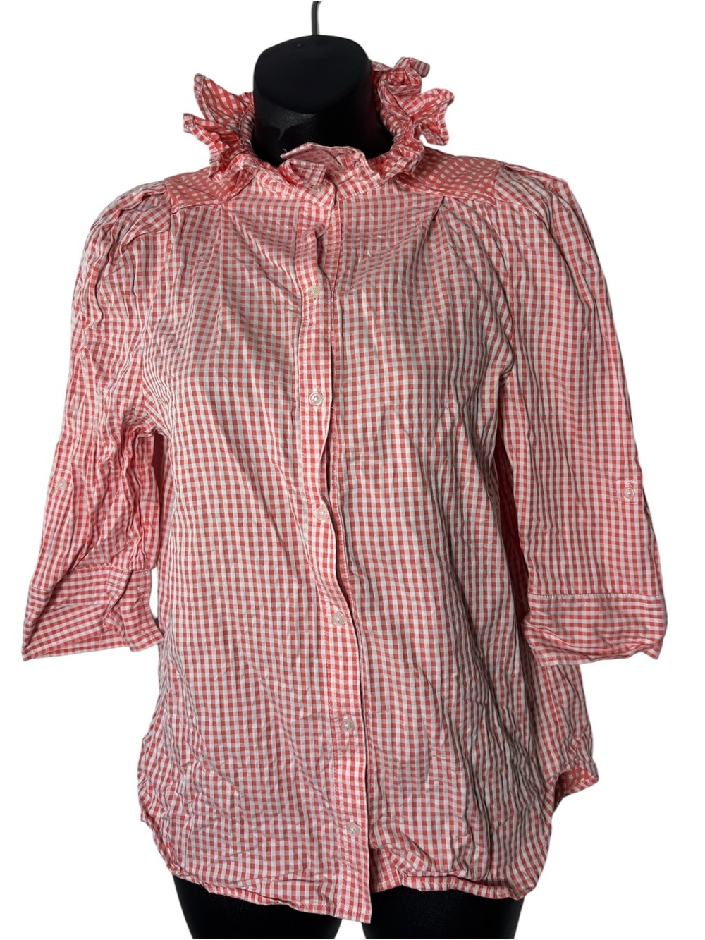 Kate Mchale Jensen women’s gingham ruffle button up blouse preppy polished chic‎